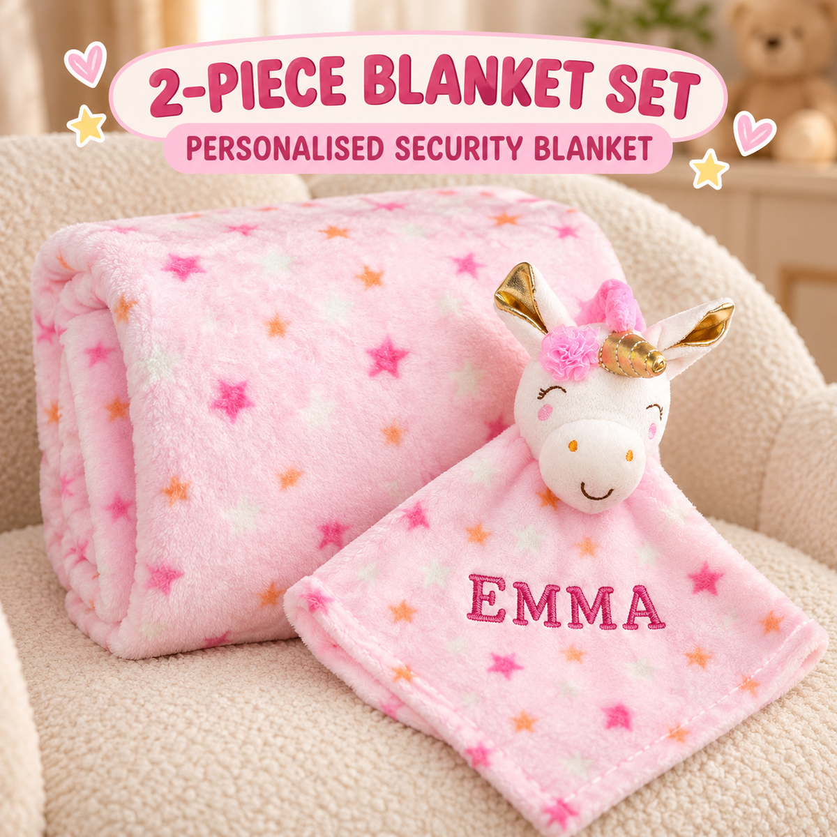Little Kooma personalised pink unicorn two-piece blanket set with security blanket
