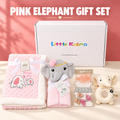 Pink Elephant newborn gift box with dotted elephant blanket, elephant hooded towel, hair accessories and elephant hand rattle