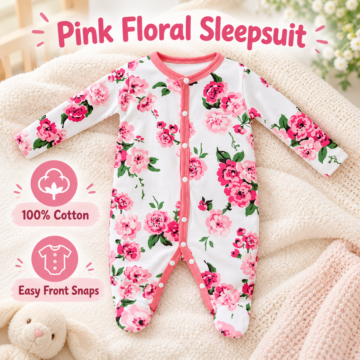 White and pink floral cotton footed baby sleepsuit with front popper fastenings