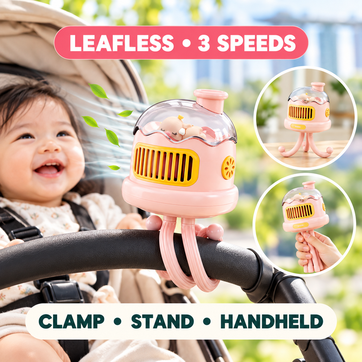 Little Kooma pink leafless three-speed stroller fan shown clamped, standing and handheld