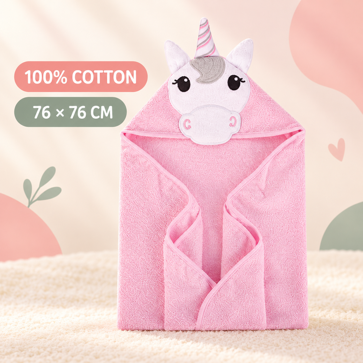 Enhanced review draft: pink unicorn hooded towel with 100% cotton and 76 x 76 cm selling points