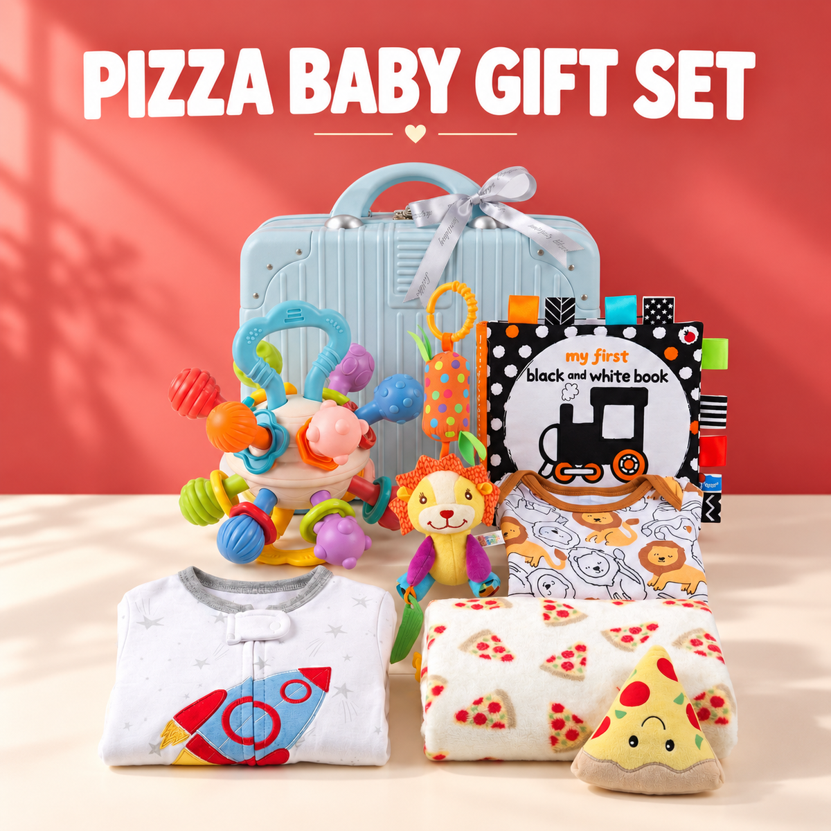Pizza baby gift set with blue suitcase, baby outfits, pizza blanket and plush, visual book, lion toy and rattle