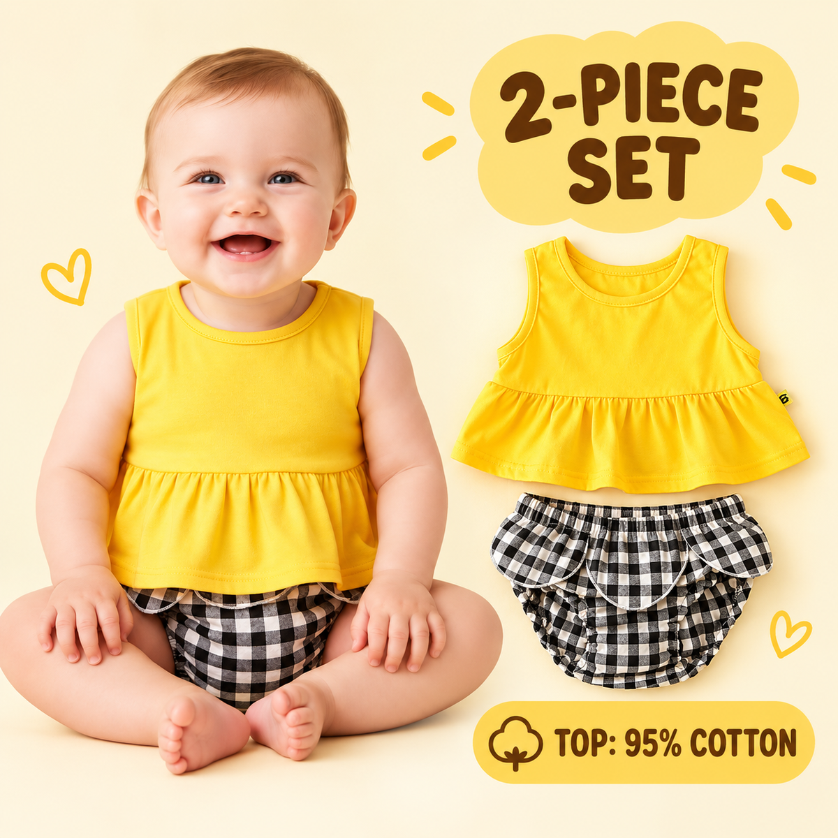 Little Kooma yellow top and plaid knickers two-piece set cover