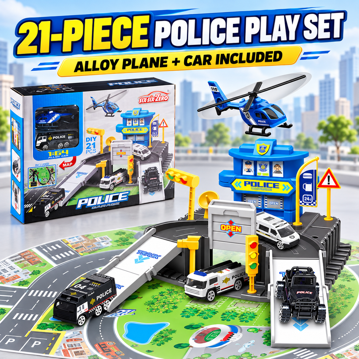 Little Kooma 21-piece police parking play set with alloy plane and car