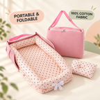 Little Kooma pink polka-dot portable foldable baby nest with matching pillow and carry bag cover