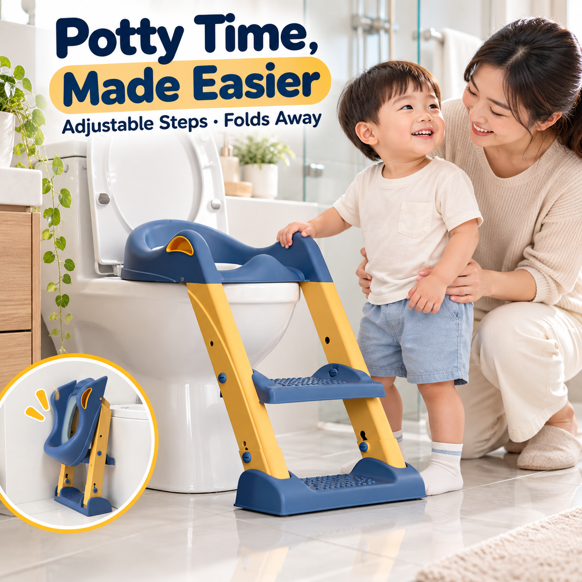 Blue and yellow premium adjustable potty training seat with ladder and steps installed on a toilet in a family bathroom