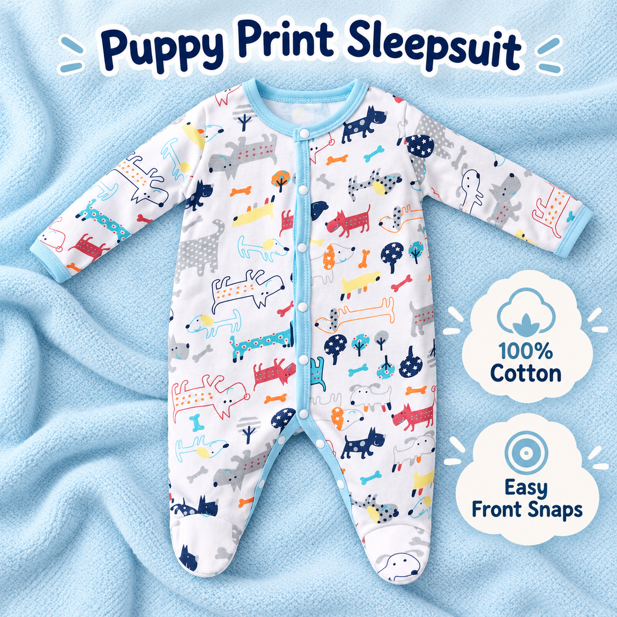 White puppy-print cotton footed baby sleepsuit with pale blue front popper trim