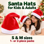 Red and white Santa hat with a mother and child wearing matching hats at Christmas; S and M sizes, with 1- or 2-piece pack options.