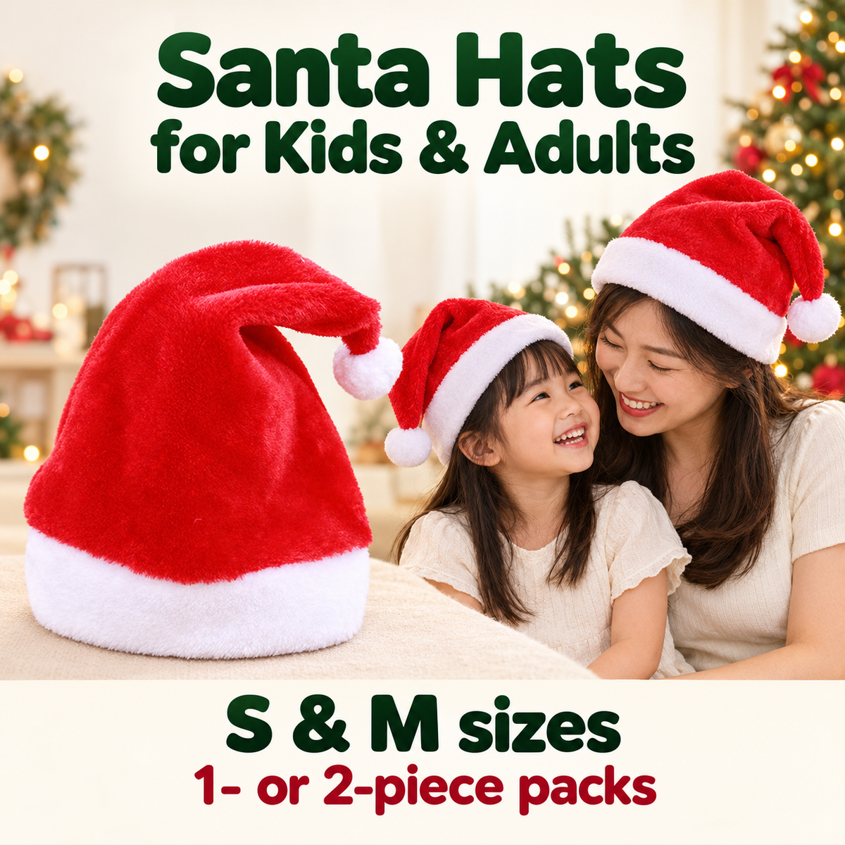 Red and white Santa hat with a mother and child wearing matching hats at Christmas; S and M sizes, with 1- or 2-piece pack options.