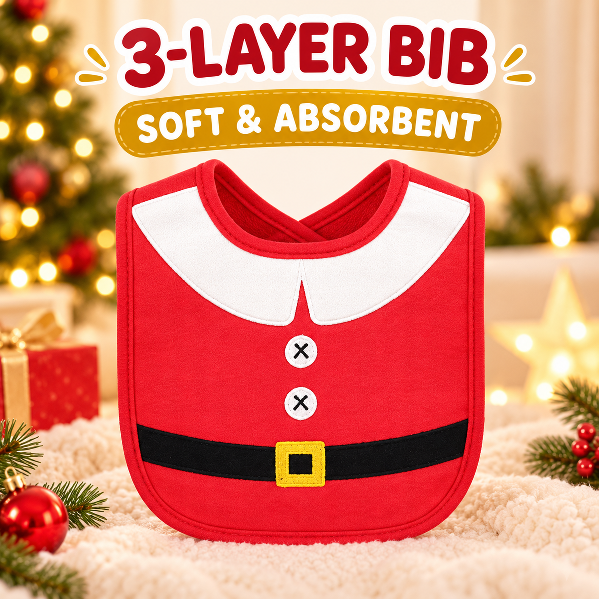 Enhanced draft cover of the red three-layer Santa baby bib.