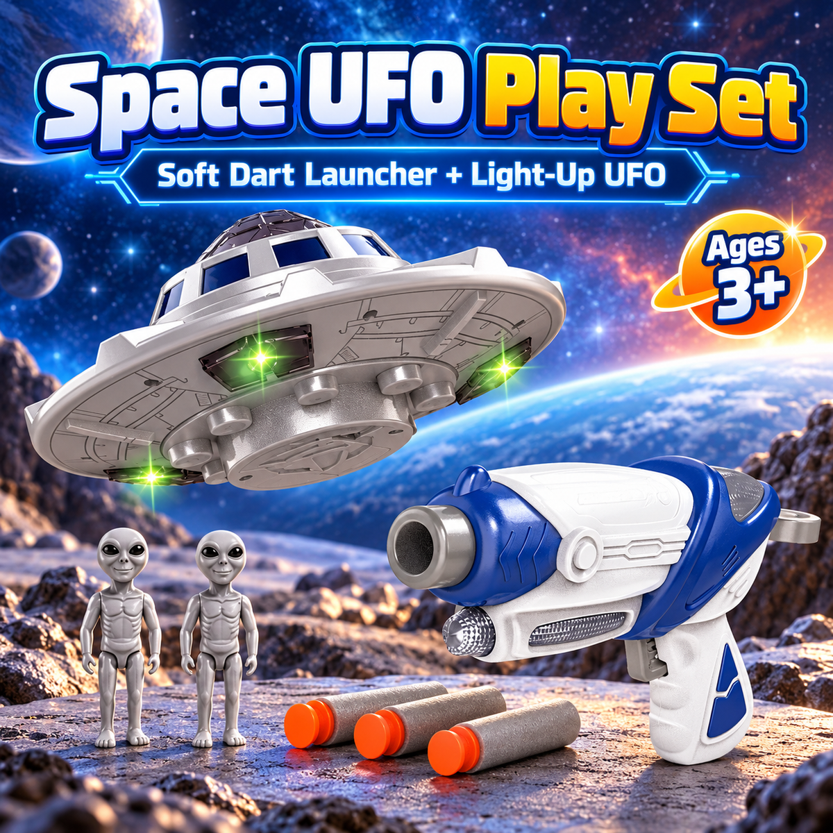 MW9961 space UFO play set with blue-and-white soft dart launcher, UFO, two alien figures, and three darts