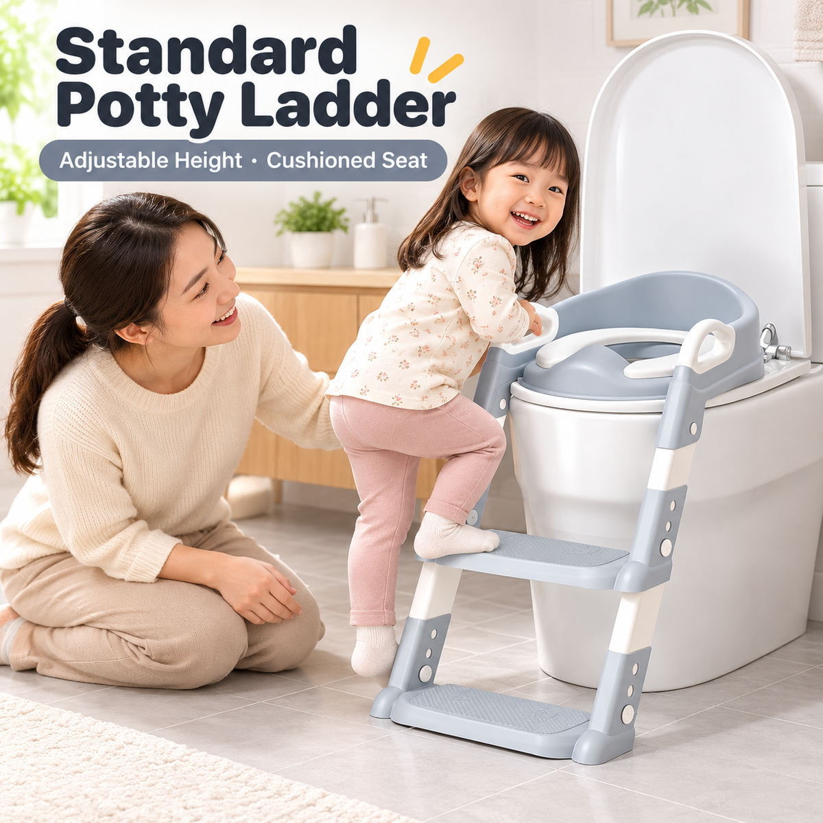 Light-gray standard adjustable potty ladder with two steps and cushioned seat fitted on a toilet as a toddler climbs with parent supervision