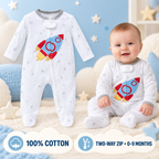 Little Kooma white star-print cotton sleepsuit with embroidered rocket and two-way zip