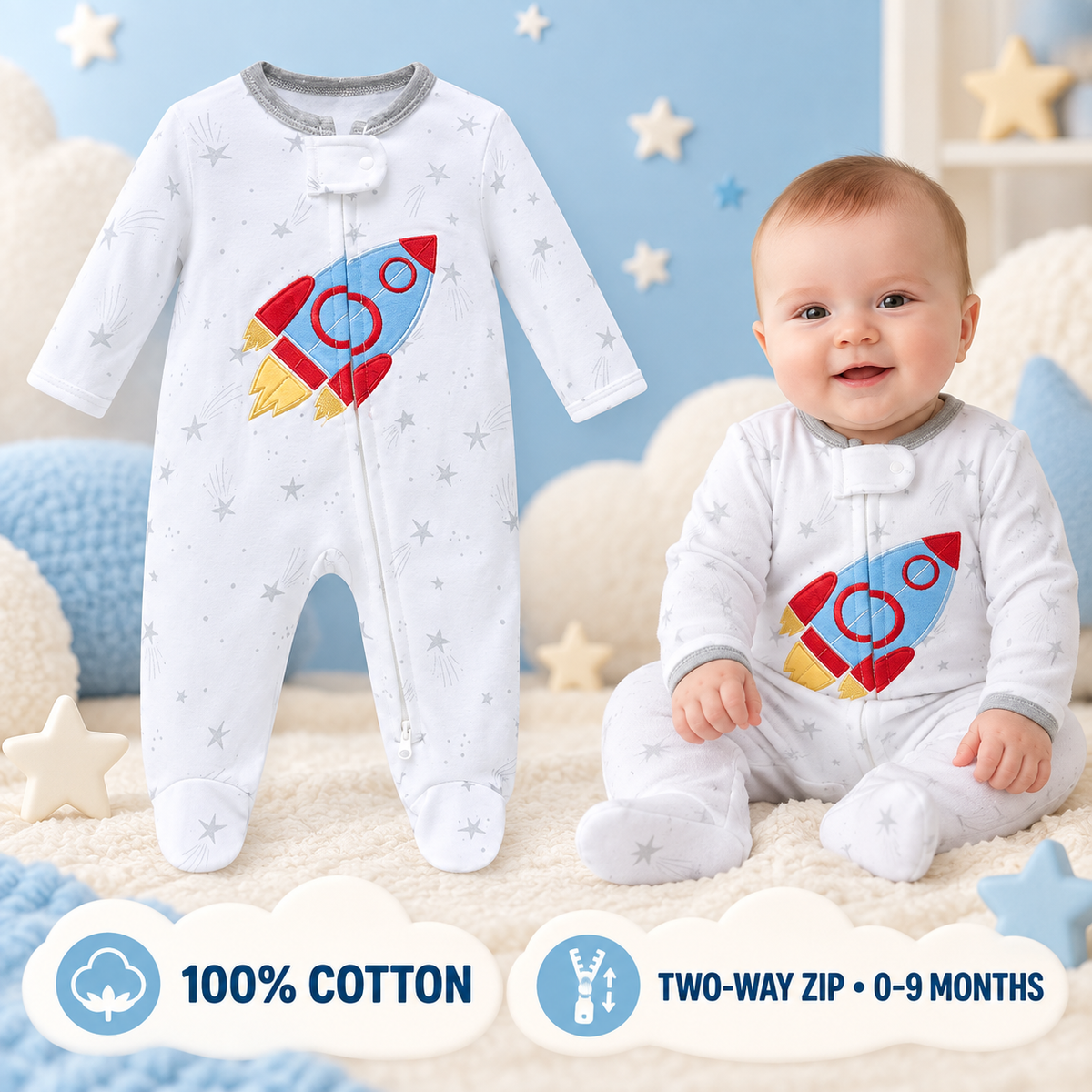 Little Kooma white star-print cotton sleepsuit with embroidered rocket and two-way zip