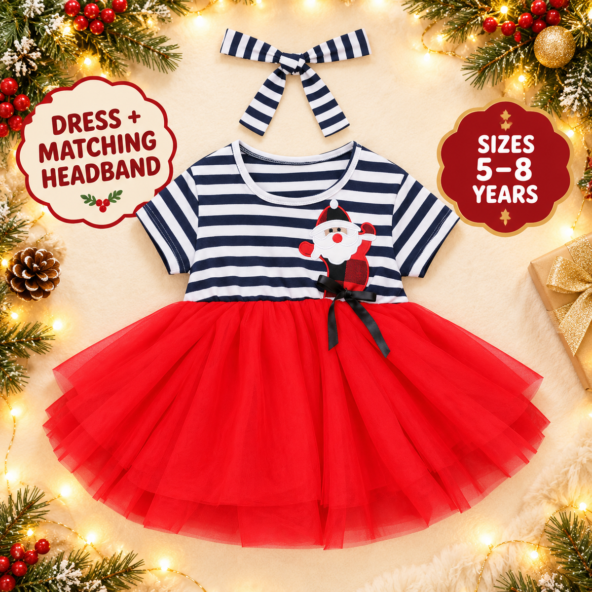 Little Kooma striped Santa Christmas dress with matching headband for ages 5 to 8 years
