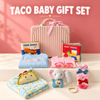 Taco baby gift set with pink suitcase, baby outfits, cloth books, plush toys, blanket, stroller chime and hair accessories