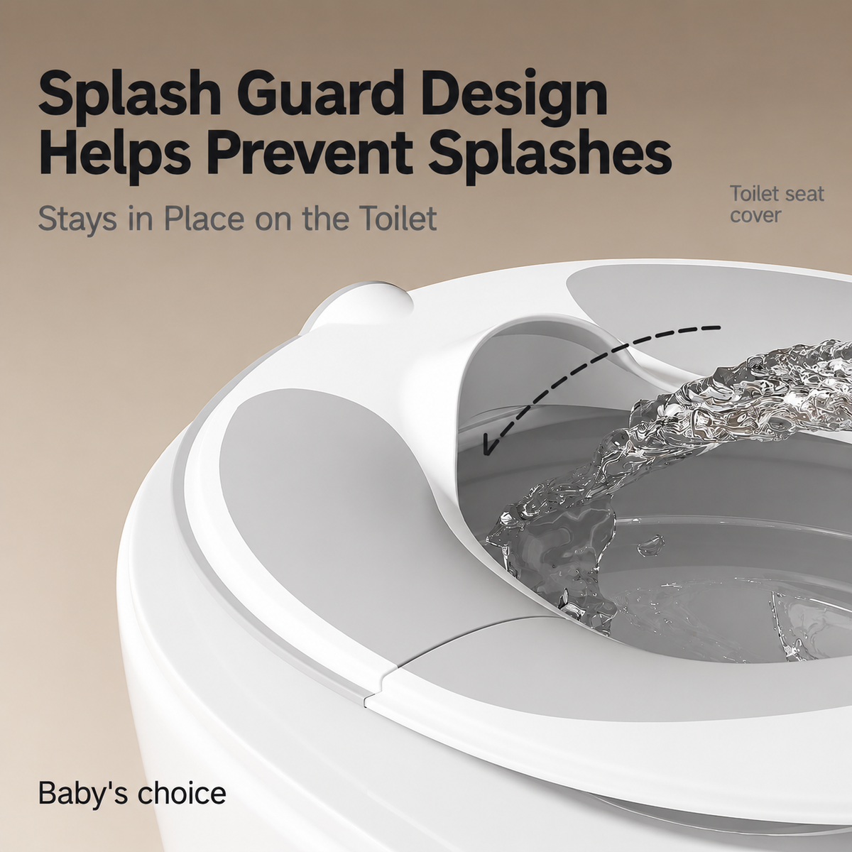 Square image of toddler toilet training seat splash guard with English text Splash Guard Design and Helps Prevent Splashes