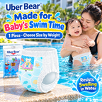 Single Uber Bear disposable swim diaper with aqua bear print, shown beside a parent supporting a baby in the pool