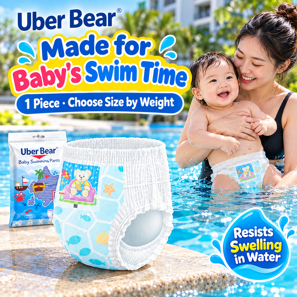 Single Uber Bear disposable swim diaper with aqua bear print, shown beside a parent supporting a baby in the pool