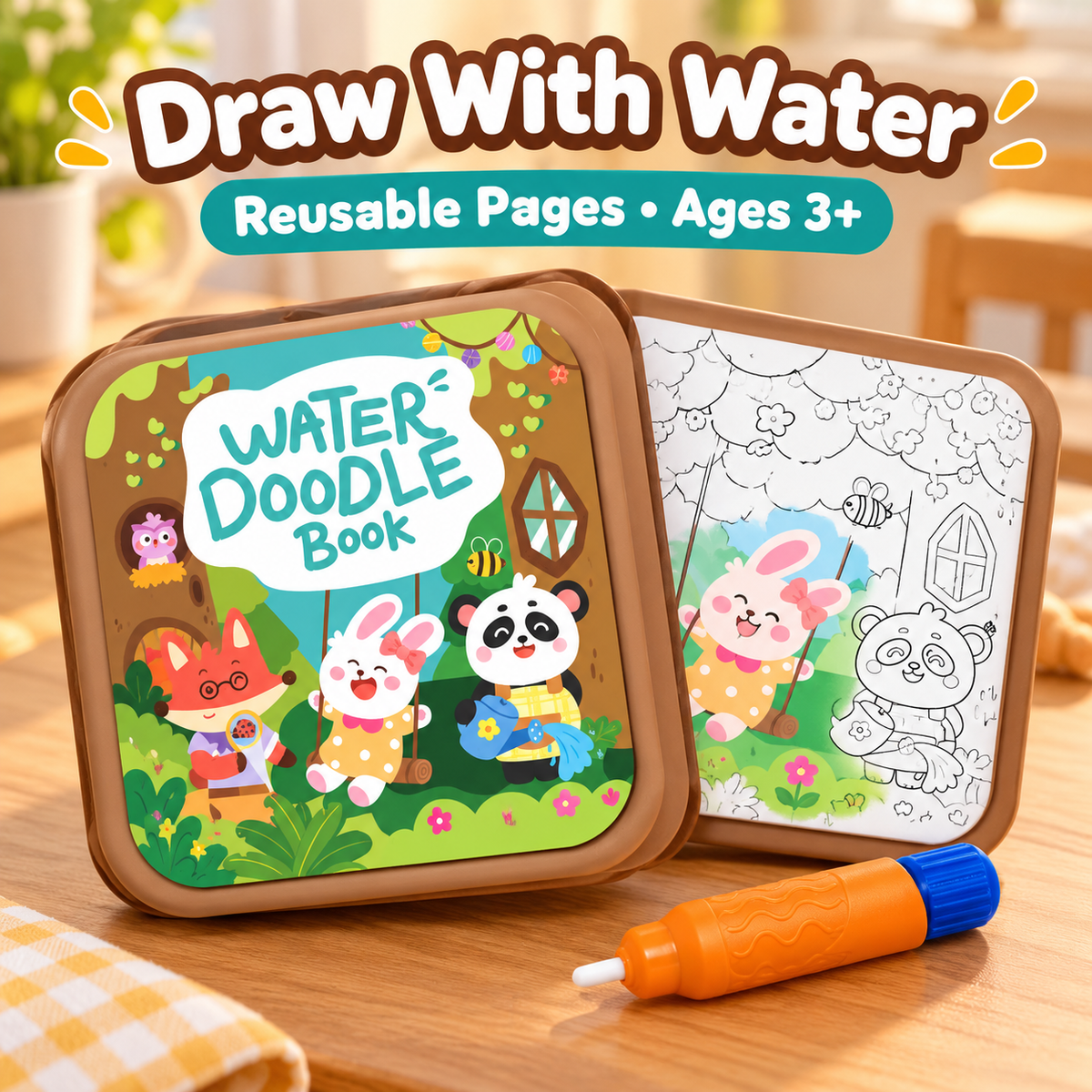 Reusable Water Doodle book with forest cover and orange water pen; square review draft