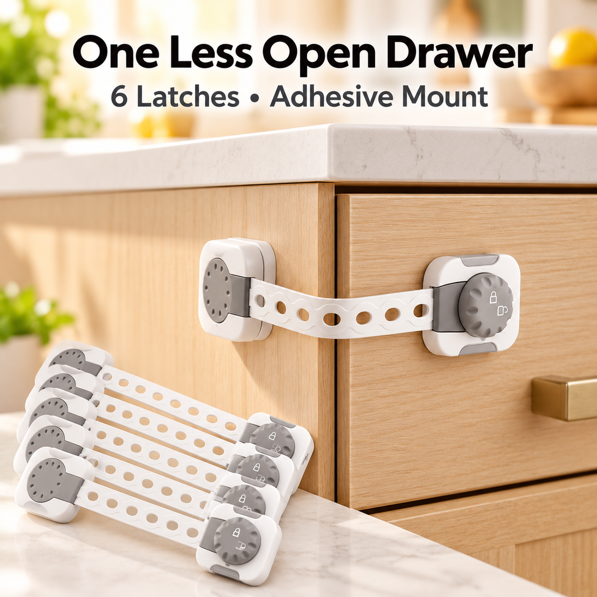White six-piece adhesive cabinet latch set with one latch installed across a drawer; square review draft