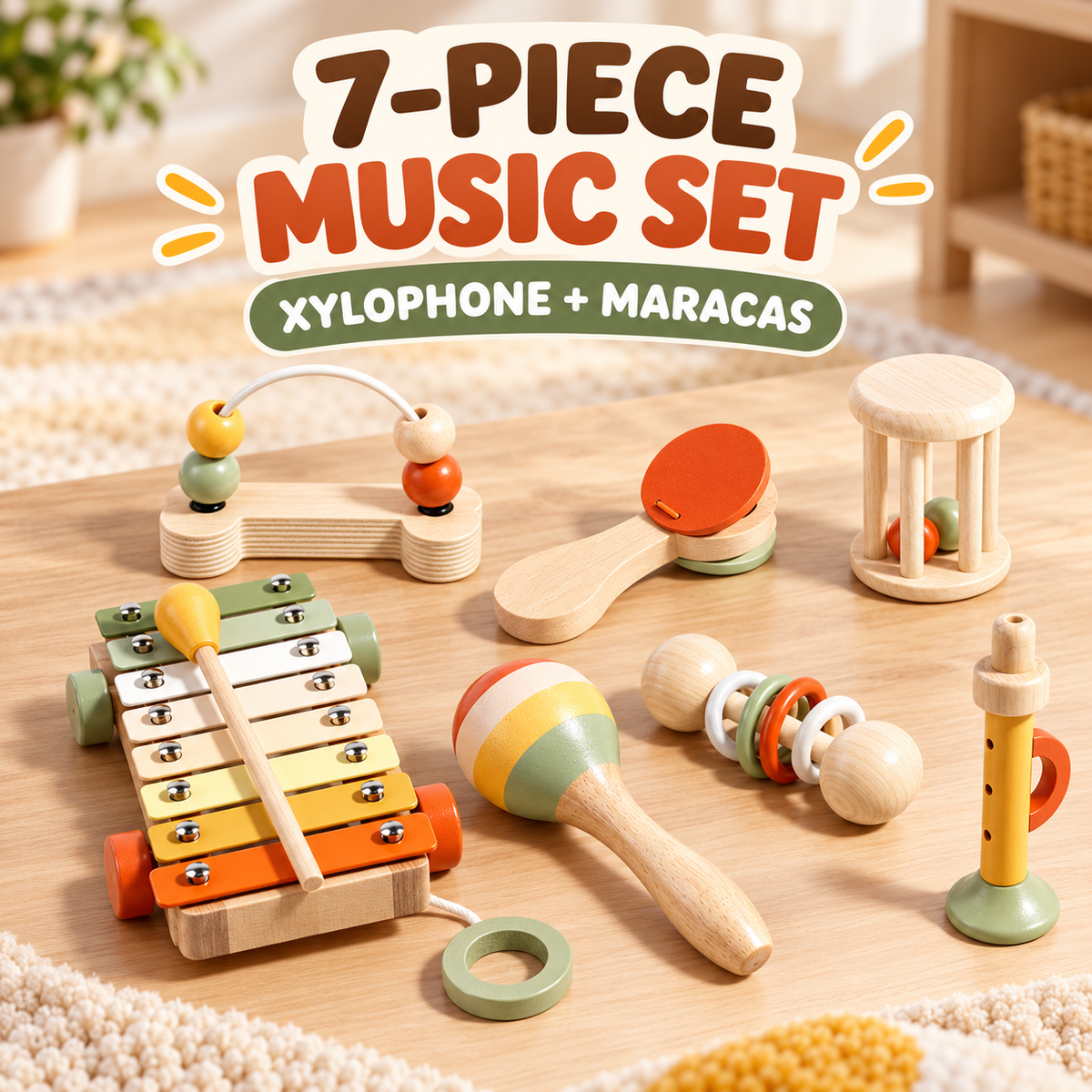 Enhanced draft cover of the seven-piece wooden music instrument set.