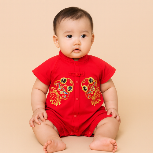 Unisex Baby Red Family Set with Golden Fish Baby Boy Cheongsam Romper 0834