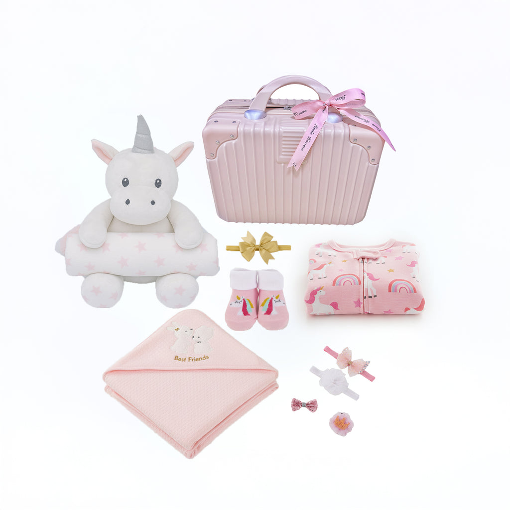 New Born Baby Girl LED Light Hair Accessories Layette Receiving Blanket Sleepsuit Unicorn Suitcase Mummy Makeup Gift Hamper Gift Box Set