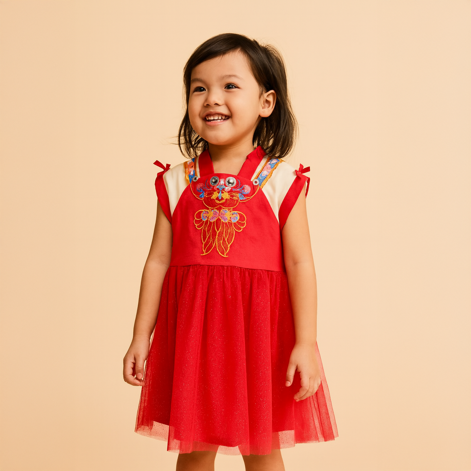 Singapore Souvenir Gift Wealth and Harmony Red Family Set with Golden Fish Embroidery Baby Kids Girl Cheongsam Dress 0833