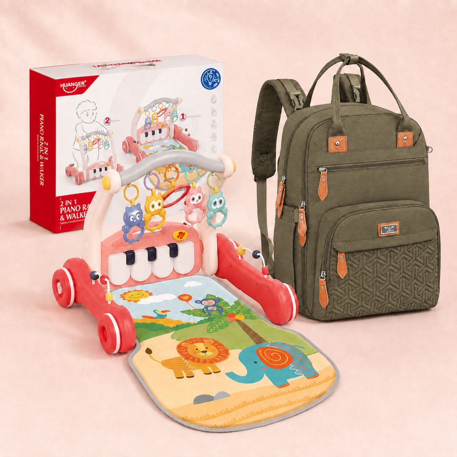 3-in-1 Baby Play Mat, Gym, Walker & Unisex Baby Diaper Bag Backpack for Mom & Dad