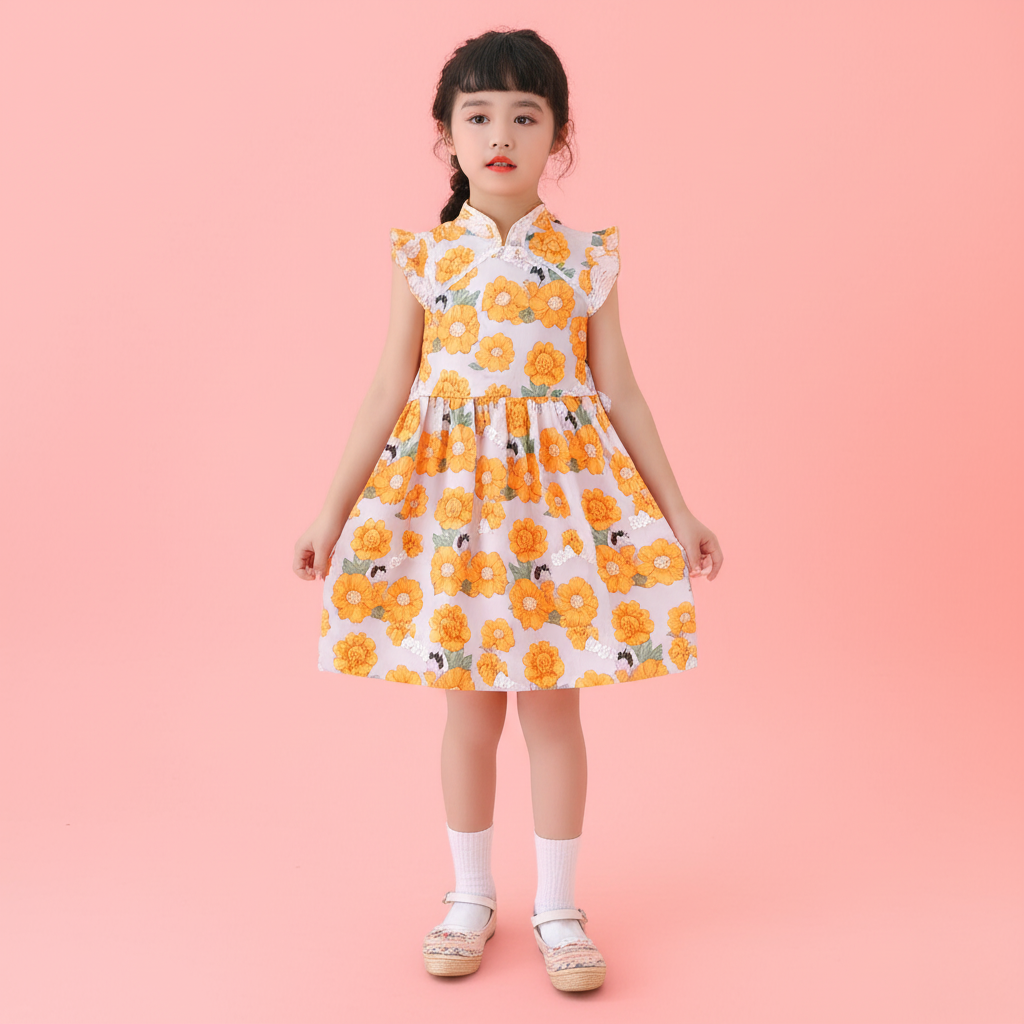 Singapore Souvenir Gift Sunflowers Little Girl n Cat Baby Kids Girl Cheongsam Dress 0846