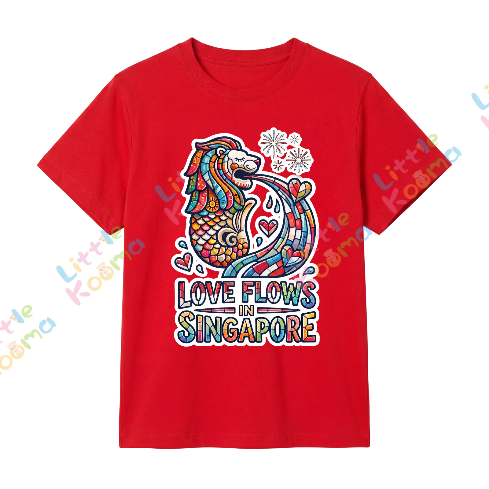 Singapore National Day Kids Red T-Shirt Family Matching Outfit - LOVE FLOWS in Singapore Merlion Design