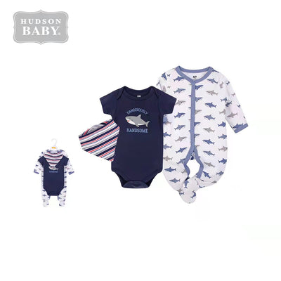 Hudson Baby Bodysuit Sleepsuit Bib 3 Piece Layette Set 01003CH Shark - Little Kooma