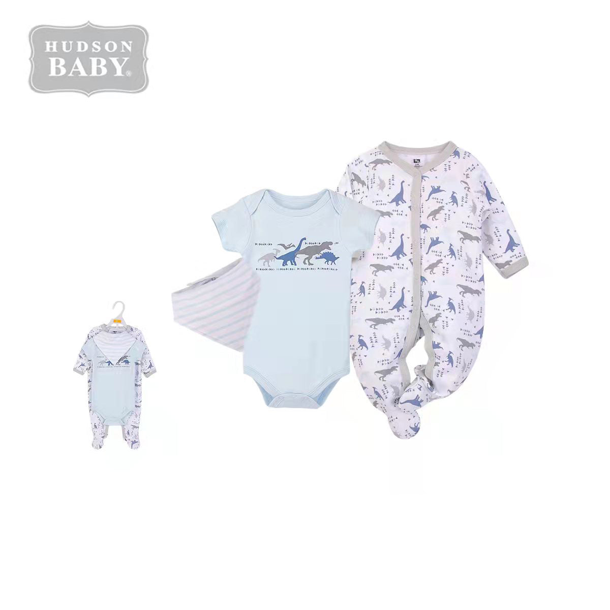 Hudson Baby Bodysuit Sleepsuit Bib 3 Piece Layette Set 01006CH Dino - Little Kooma