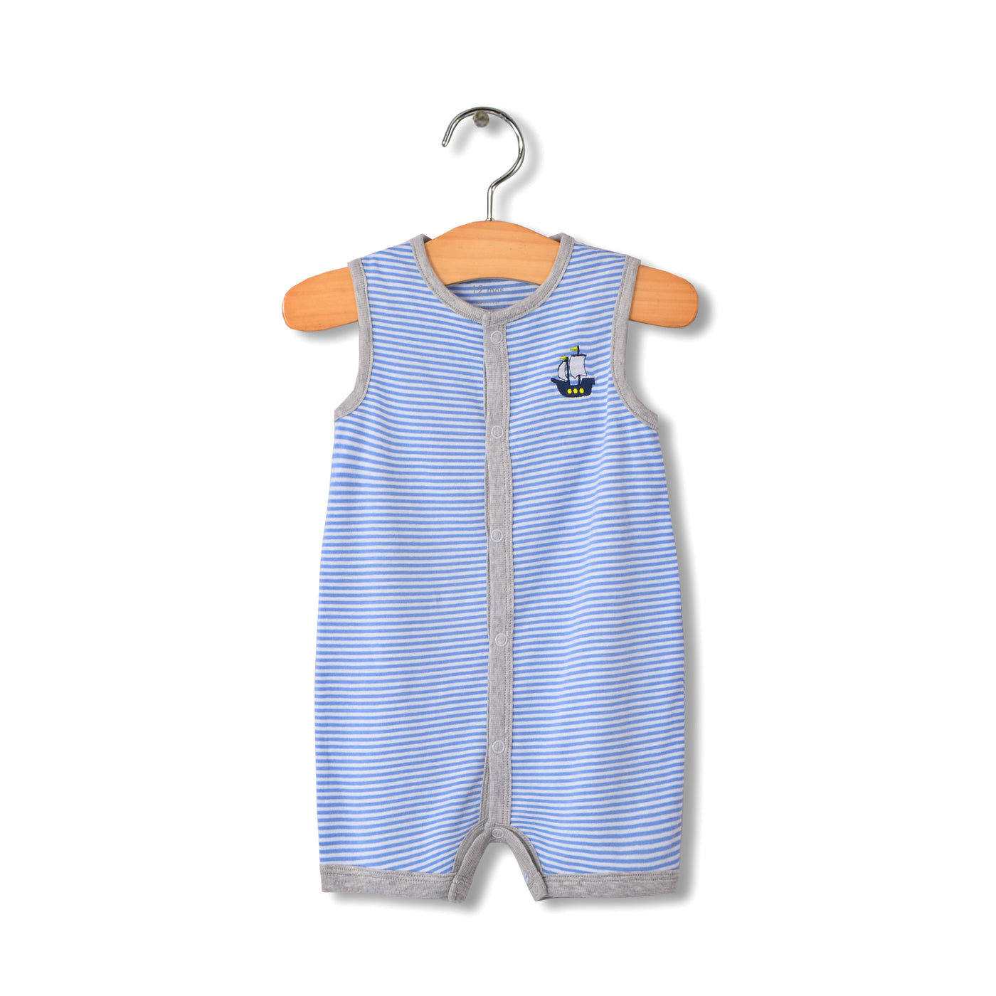 Baby Boy Sleeveless Blue Stripe Romper w Embroidered Boat - Little Kooma