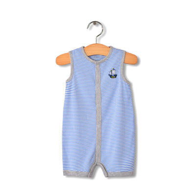 Baby Boy Sleeveless Blue Stripe Romper w Embroidered Boat - Little Kooma