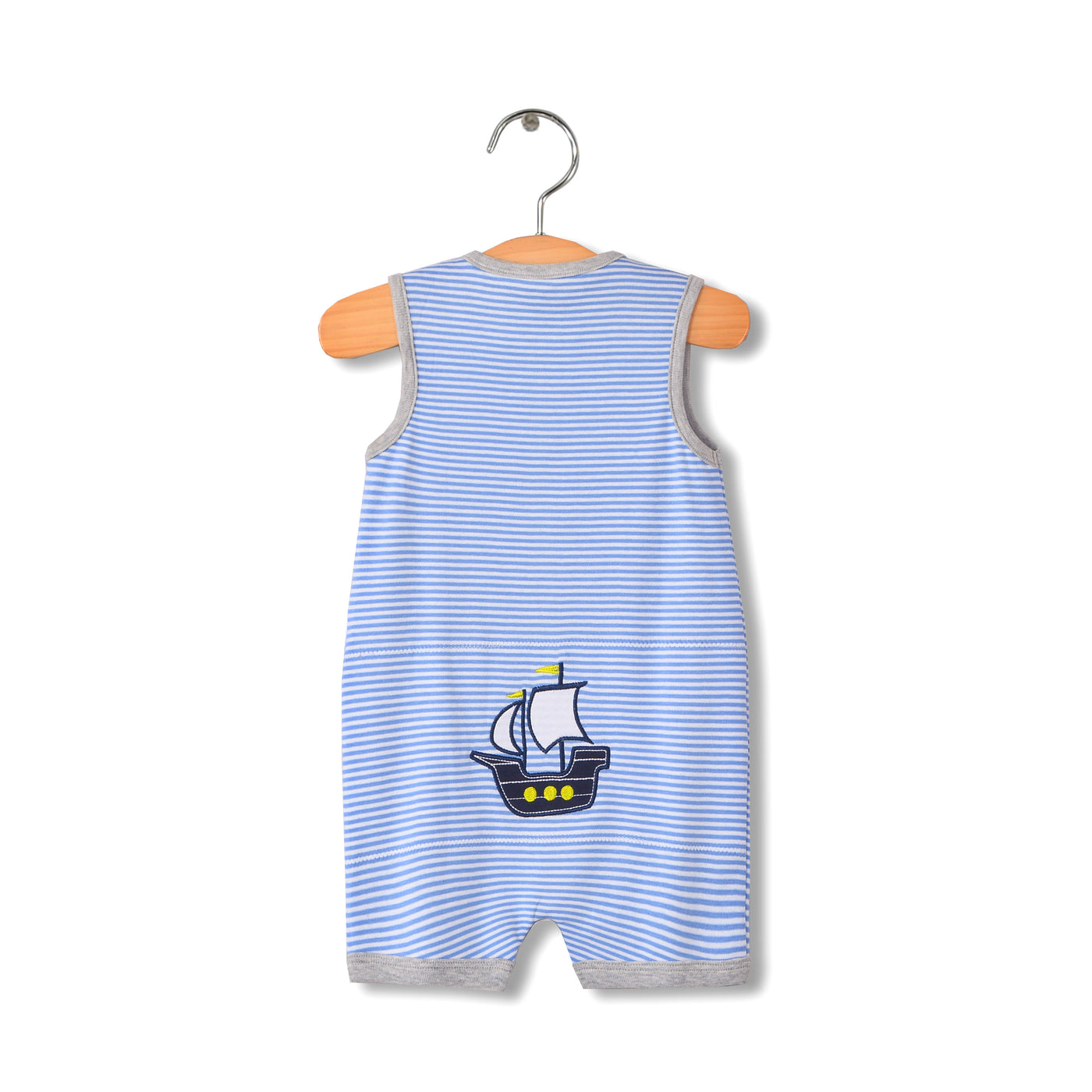 Baby Boy Sleeveless Blue Stripe Romper w Embroidered Boat - Little Kooma