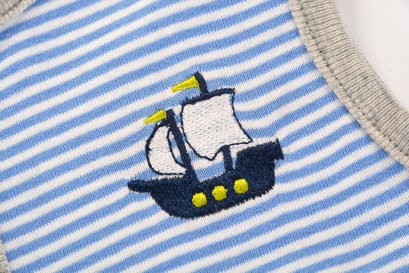 Baby Boy Sleeveless Blue Stripe Romper w Embroidered Boat - Little Kooma