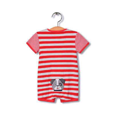 Baby Boy Red Stripe Romper w Embroidered Puppy - Little Kooma