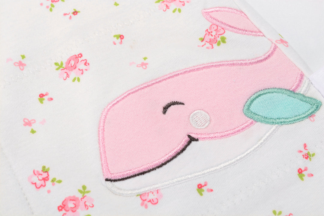 Baby Girl Romper Rose Prints w Embroidered Pink Whale - Little Kooma