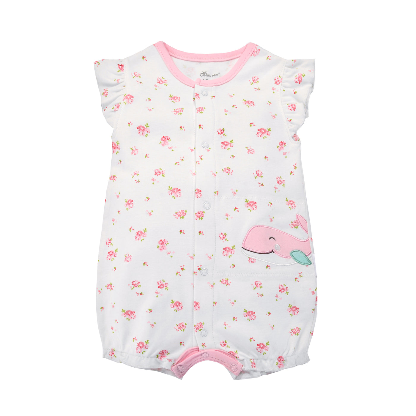 Baby Girl Romper Rose Prints w Embroidered Pink Whale - Little Kooma