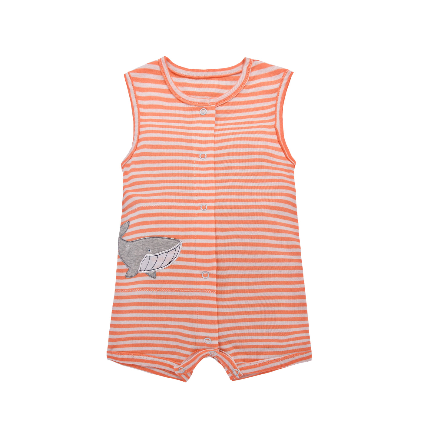 Baby Boy Sleeveless Orange Stripe Romper w Embroidered Shark - Little Kooma