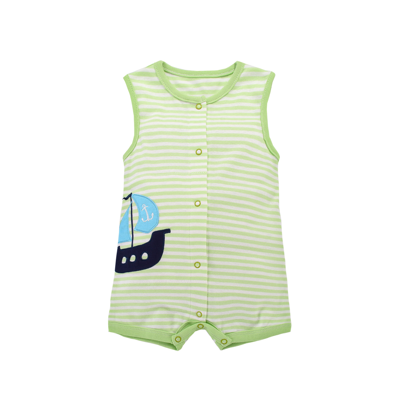 Baby Boy Sleeveless Green Stripe Romper w Embroidered Boat - Little Kooma