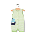 Baby Boy Sleeveless Green Stripe Romper w Embroidered Boat - Little Kooma