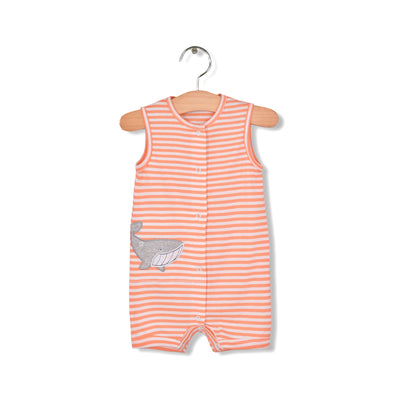 Baby Boy Sleeveless Orange Stripe Romper w Embroidered Shark - Little Kooma