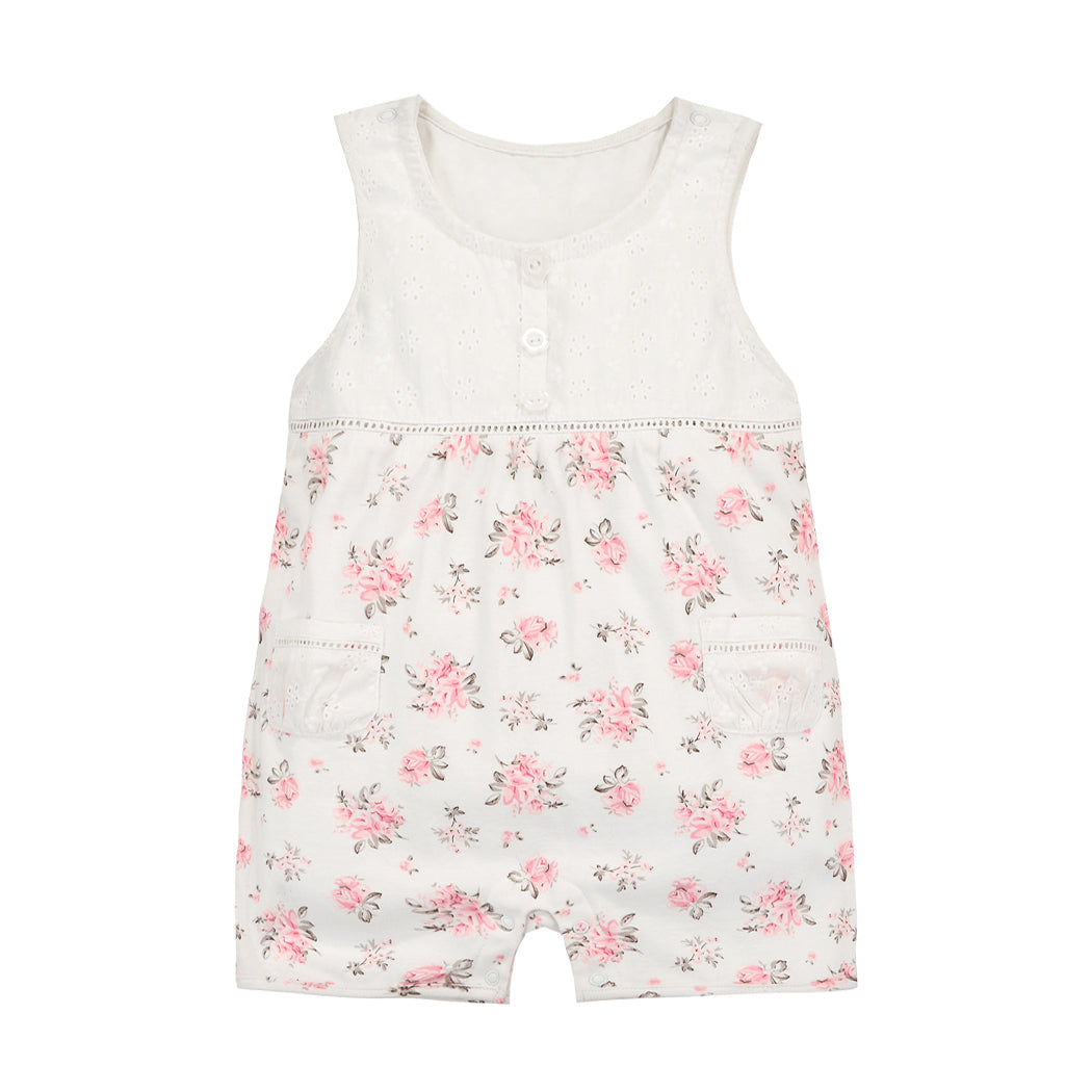 Baby Girl Sleeveless White Lace Romper Pink w Floral Prints - Little Kooma