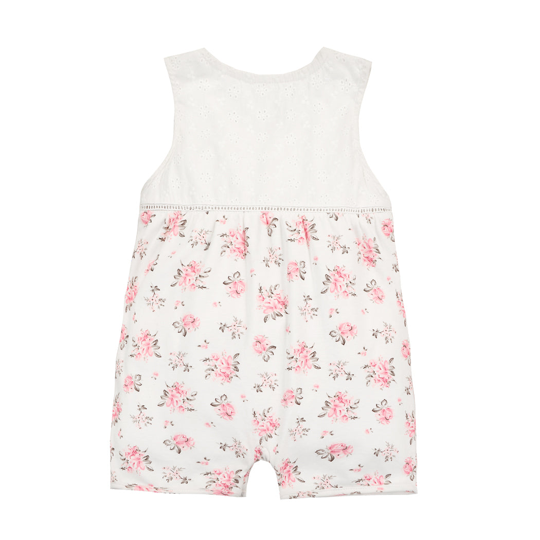 Baby Girl Sleeveless White Lace Romper Pink w Floral Prints - Little Kooma