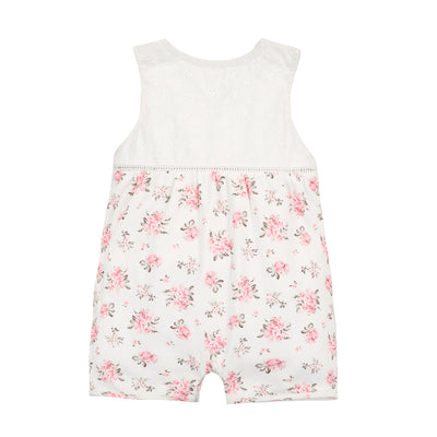 Baby Girl Sleeveless White Lace Romper Pink w Floral Prints - Little Kooma