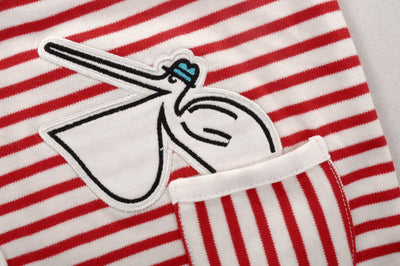 Baby Boy Sleeveless Red Stripe Romper w Embroidered Pelican Fish n Double Front Pockets - Little Kooma