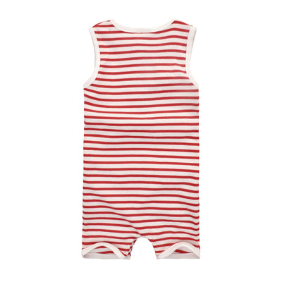 Baby Boy Sleeveless Red Stripe Romper w Embroidered Pelican Fish n Double Front Pockets - Little Kooma